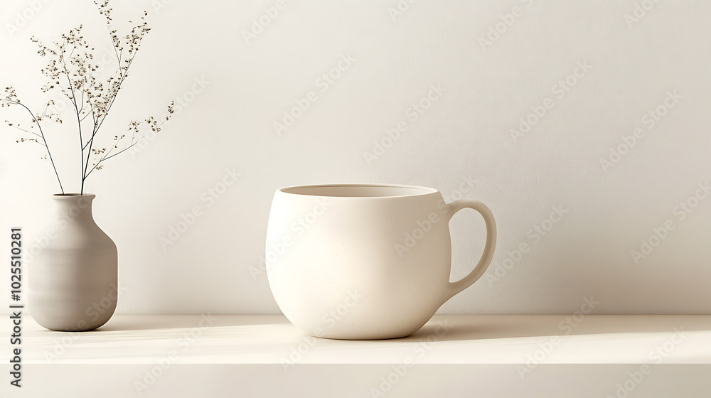 A simple and elegant still life featuring a white ceramic mug and a vase with dried flowers. A simple and elegant still life featuring a white ceramic mug and a vase with dried flowers.