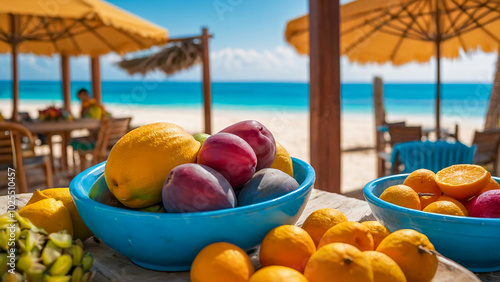 Ai generated an image of a Tropical local fruit market, delicious looking with vibrant colors, waiting for tourists to tantalize their taste buds  photo