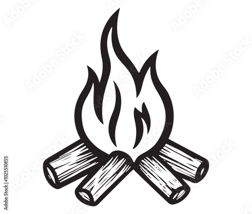Burning bonfire with a large flame for camping, Illustration of a fire icon, Campfire silhouette vector, Campfire icon