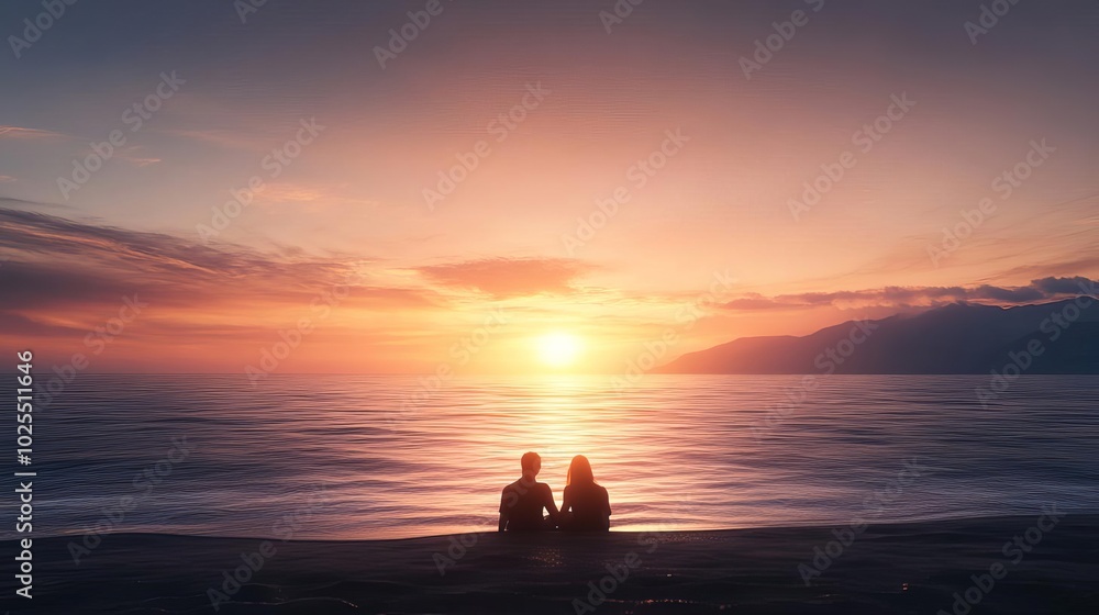 Couple lying on a beach watching the sunset, holding hands, blissful romantic moment. Couple lying on a beach watching the sunset, holding hands, blissful romantic moment.