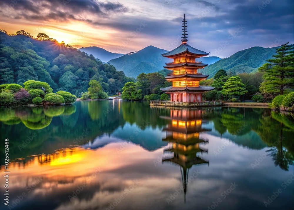 Breathtaking Reflection of a Japanese Pagoda in Tranquil Lake - Low Light Photography Breathtaking Reflection of a Japanese Pagoda in Tranquil Lake - Low Light Photography