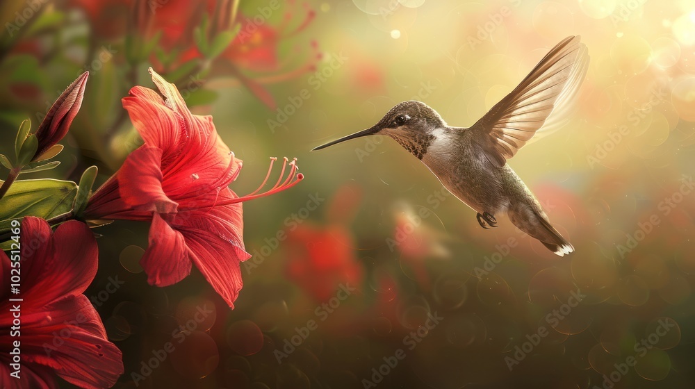 Fototapeta premium Hummingbird Hovering Near a Red Flower in a Sunlit Garden