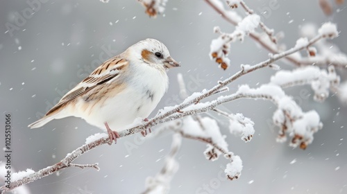 White-winged Snow Bunting Perched on a Snowy Branch photo