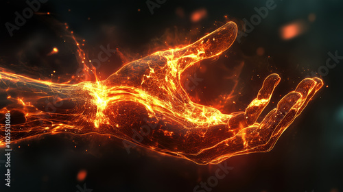 Burning Hand Anatomy with Muscular System Exposed, Glowing Fibers Like Embers, Fiery Human Hand Anatomy Illustration photo