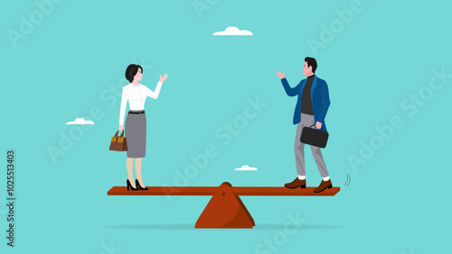 gender equality, Equal Rights of Men and Women, workplace fairness, fairness regarding the diversity of company employees, man and woman standing on a seesaw with equal balance