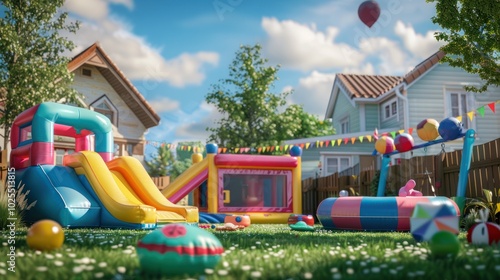 Inflatable Playground with a Slide and a Bounce House in a Backyard