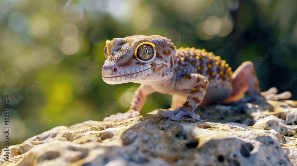 A Leopard Gecko Perched on a Rock with a Blurred Background A Leopard Gecko Perched on a Rock with a Blurred Background