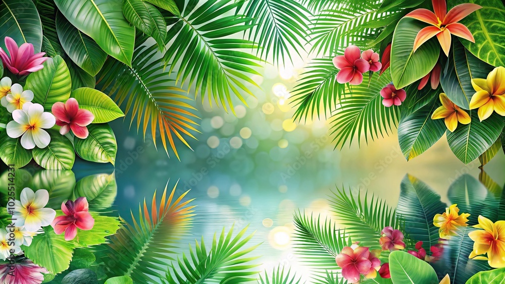 Decorative background with exotic tropical leaves and flowers reflected Decorative background with exotic tropical leaves and flowers reflected