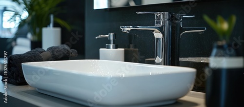 Modern bathroom sink with chrome faucet, soap dispenser, and towels.