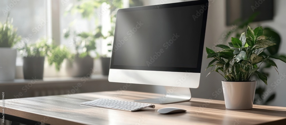 Modern workspace with computer, keyboard, mouse and potted plant on a wooden desk. Modern workspace with computer, keyboard, mouse and potted plant on a wooden desk.