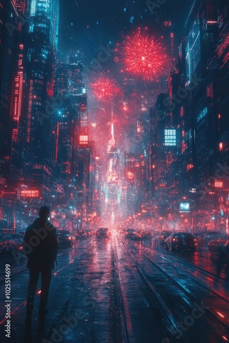 People walking on a crowded cyberpunk street during a rainy night