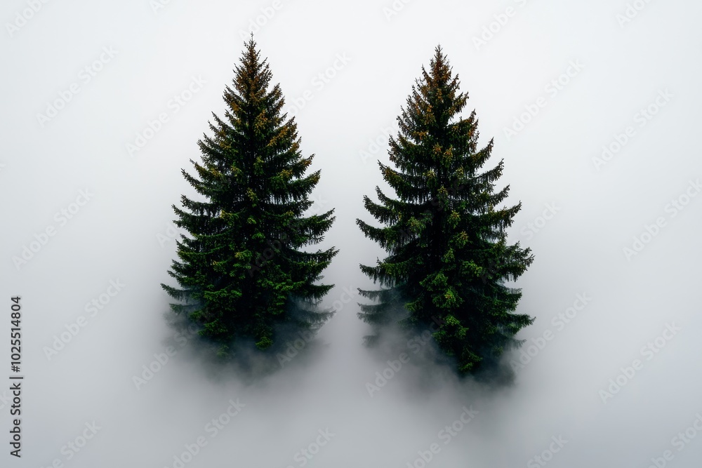 Minimalist fog drifting between two pine trees, with the trees partially obscured by the mist, leaving just a few visible branches and needles Minimalist fog drifting between two pine trees, with the trees partially obscured by the mist, leaving just a few visible branches and needles