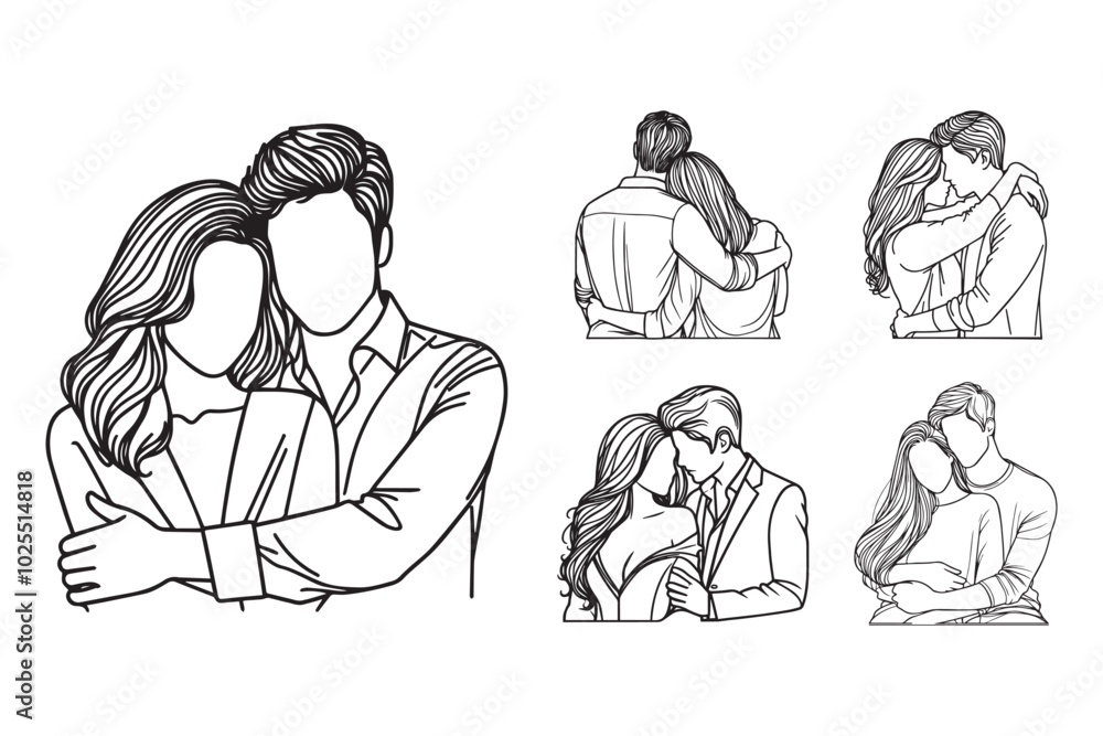 Obraz premium A hand-drawn line art illustration of a couple embracing in a romantic pose