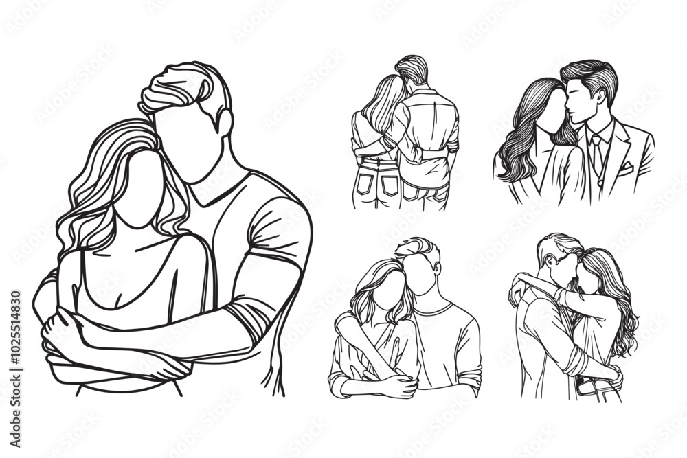 Hand-drawn clipart featuring a couple in a romantic pose, expressing their love Hand-drawn clipart featuring a couple in a romantic pose, expressing their love