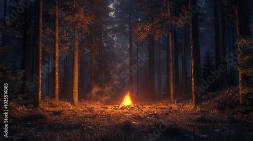 A warm glowing campfire burning brightly in the forest night with orange and red flames lighting up the dark sky