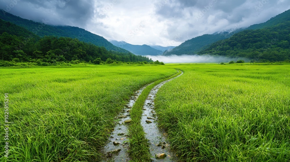 Lush Green Landscape with Serene Pathway Lush Green Landscape with Serene Pathway