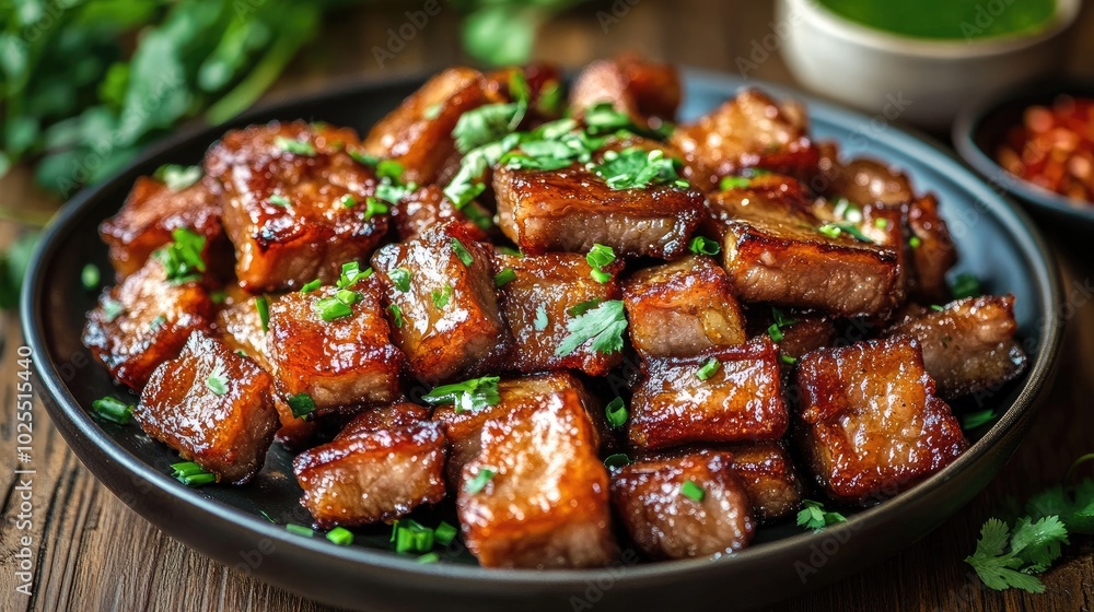 Delicious Glazed Meat on a Black Plate Delicious Glazed Meat on a Black Plate