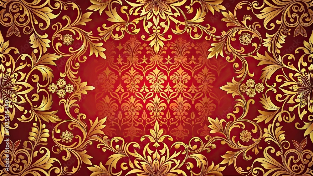 Decorative red and gold ornate background with floral pattern in forced perspective Decorative red and gold ornate background with floral pattern in forced perspective
