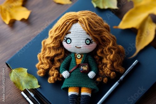 Realistic crochet doll designed to look like a person, with soft, curly yarn for hair, button eyes, and a custom outfit reflecting personal style photo