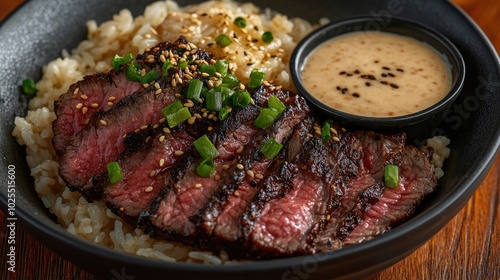 Delicious Grilled Steak with Rice and Sauce