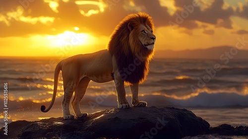 A majestic lion stands proudly on a rock overlooking the ocean at sunset, its mane glowing in the golden light. photo