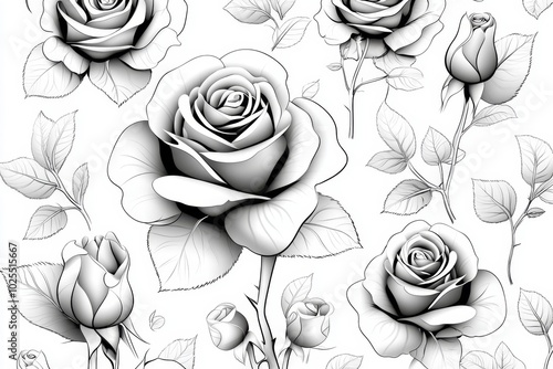 Wallpaper Mural Simple black and white outline of roses, arranged in a repeating pattern, focusing on the delicate line work without any added color for a modern minimalist look Torontodigital.ca
