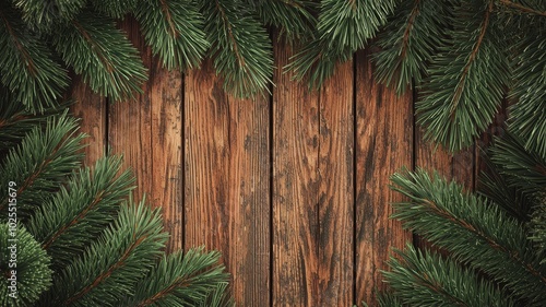 A rustic wooden background framed by fresh evergreen branches, perfect for holiday-themed designs and seasonal decorations.