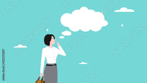 businesswoman with thinking cloud or bubble chat illustration, thinking of solution as thought bubble, blank cloud over head with copy space, looking for innovation or a solution to a problem