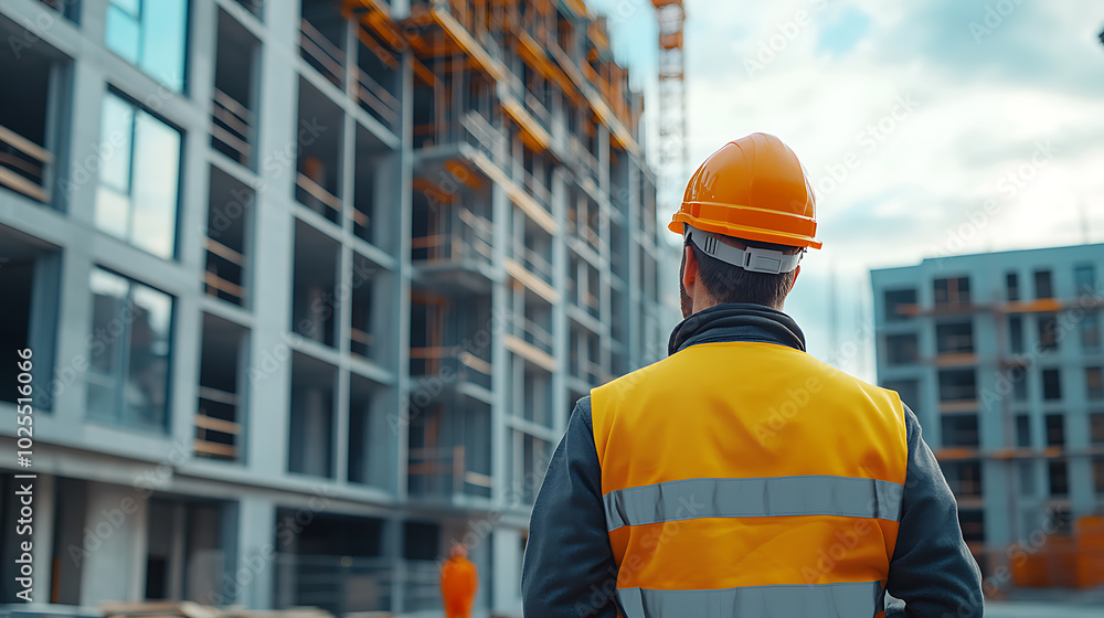 A construction worker wearing a hard hat and safety vest stands in front of a large unfinished building. A construction worker wearing a hard hat and safety vest stands in front of a large unfinished building.