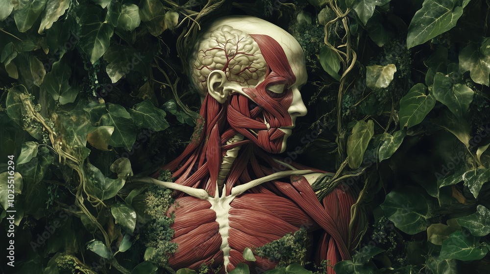 Fototapeta premium Stunning Muscular System Merging with Lush Green Vines, Illustrating the Interconnection of Human Anatomy and Nature, Perfect for Text Integration