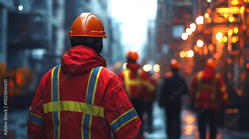 A construction worker wearing a red jacket and hard hat walks down a street with other workers in the background. The scene is lit by the golden glow of streetlights. A construction worker wearing a red jacket and hard hat walks down a street with other workers in the background. The scene is lit by the golden glow of streetlights.