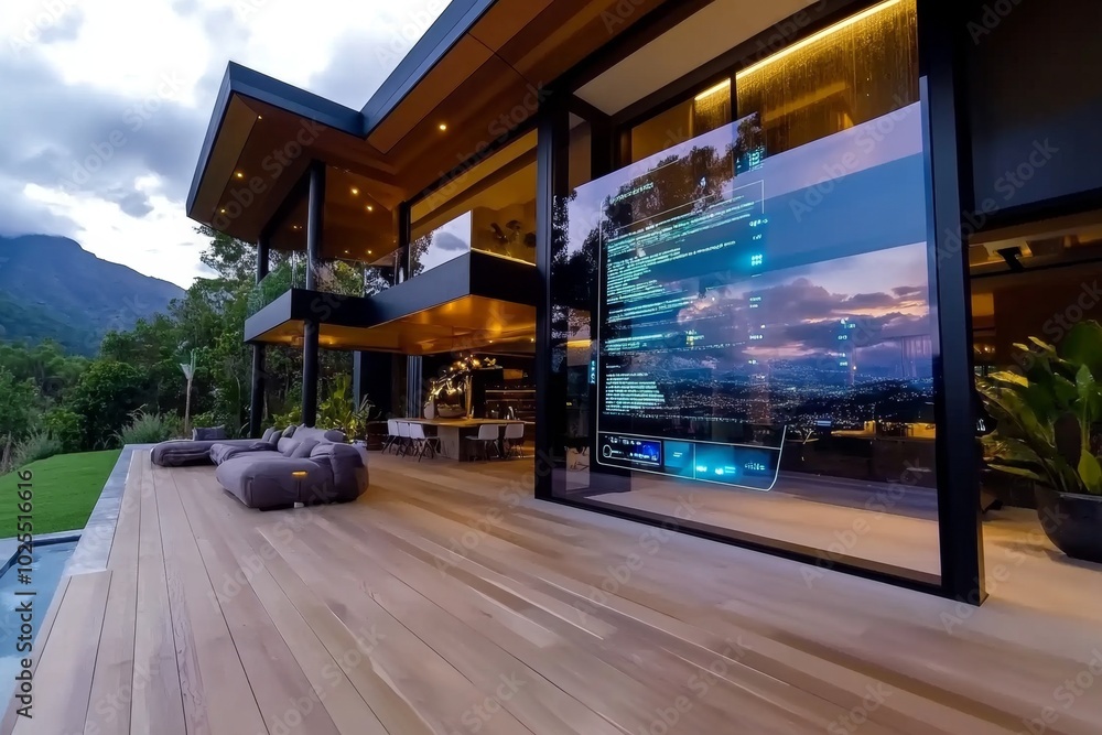 Smart glass window in a futuristic home, where the glass can tint, display digital information, or turn into a transparent screen, offering both a view and an interface Smart glass window in a futuristic home, where the glass can tint, display digital information, or turn into a transparent screen, offering both a view and an interface