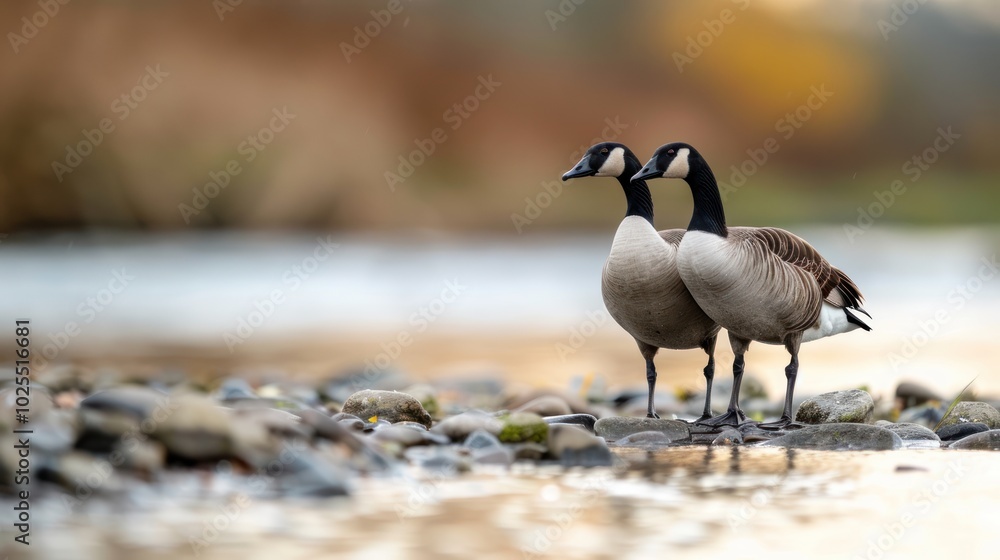 A pair of geese preening each other by the water's edge, displaying their strong bond A pair of geese preening each other by the water's edge, displaying their strong bond