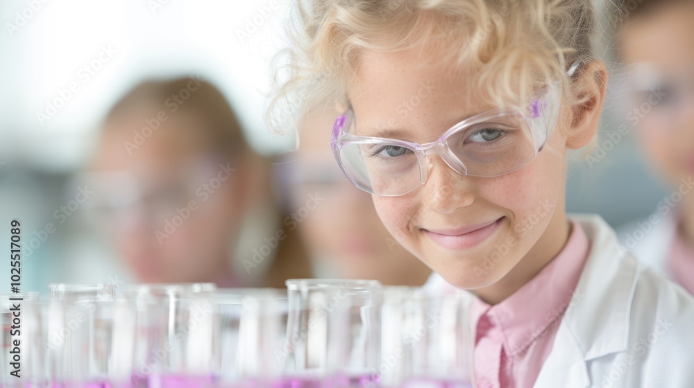 A teacher conducting a science experiment, with students watching eagerly and lab equipment in use