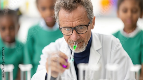 A teacher conducting a science experiment, with students watching eagerly and lab equipment in use photo