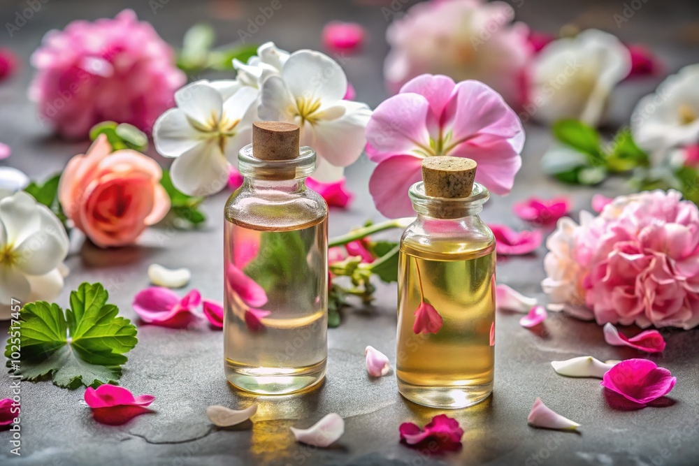 Front View of Geranium Essential Oil Bottles with Fresh Flowers for Aromatherapy Concept Front View of Geranium Essential Oil Bottles with Fresh Flowers for Aromatherapy Concept