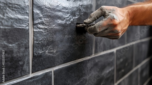 Close-up of Hand Applying Grout to Black Tiles