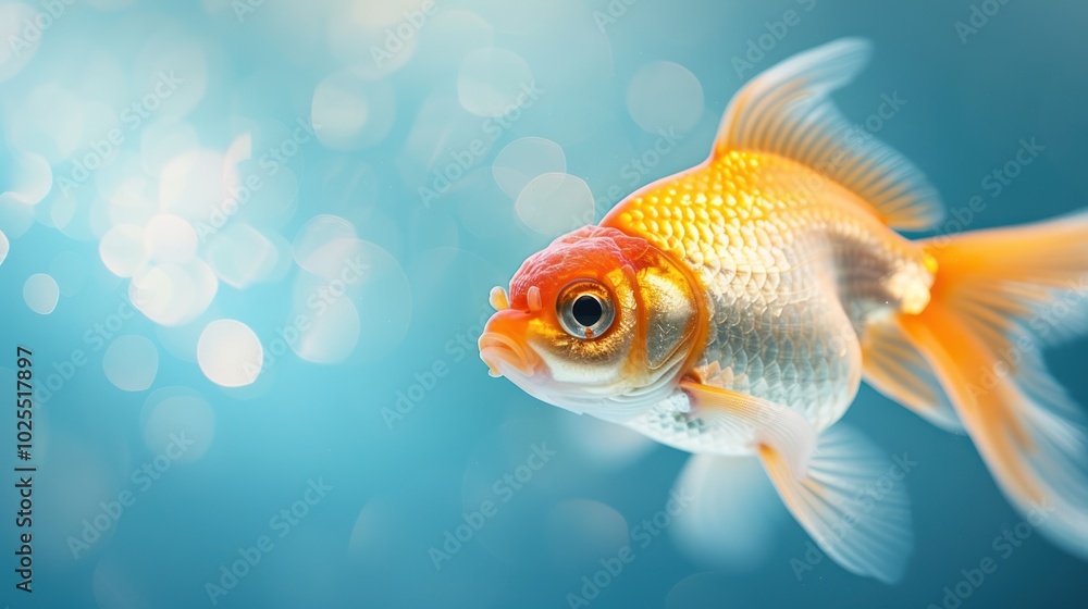 A close-up of a goldfish's delicate fins and shimmering scales, under soft aquarium lighting A close-up of a goldfish's delicate fins and shimmering scales, under soft aquarium lighting