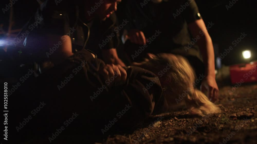 Men going to the aid of attacked friend laying in dirt by broken glasses, night Men going to the aid of attacked friend laying in dirt by broken glasses, night