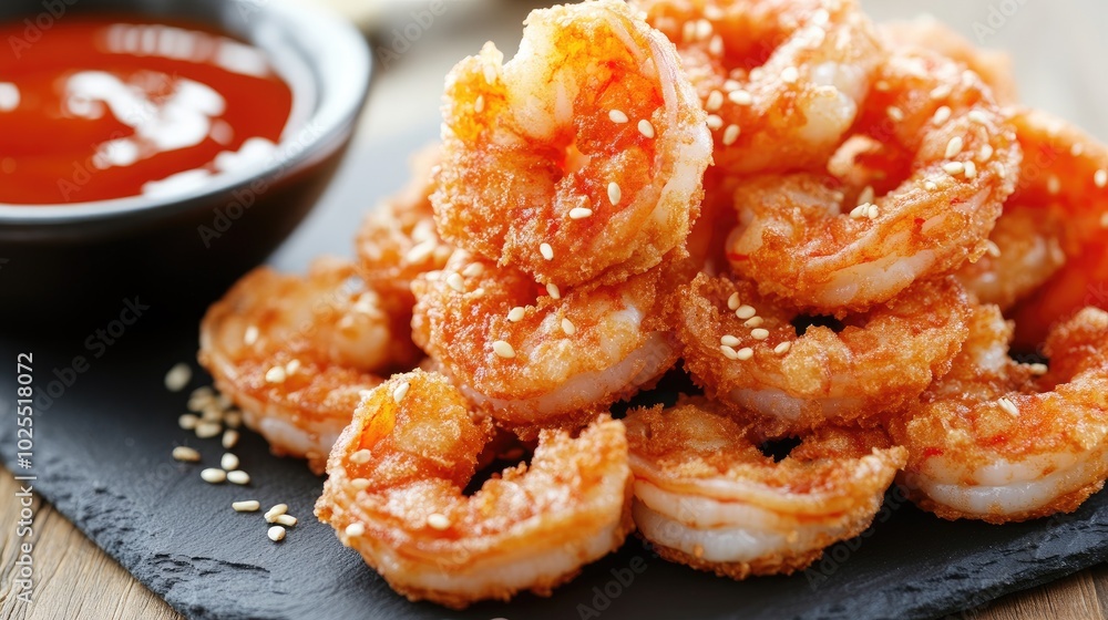 Crispy Shrimp with Sauce on Slate Plate Crispy Shrimp with Sauce on Slate Plate