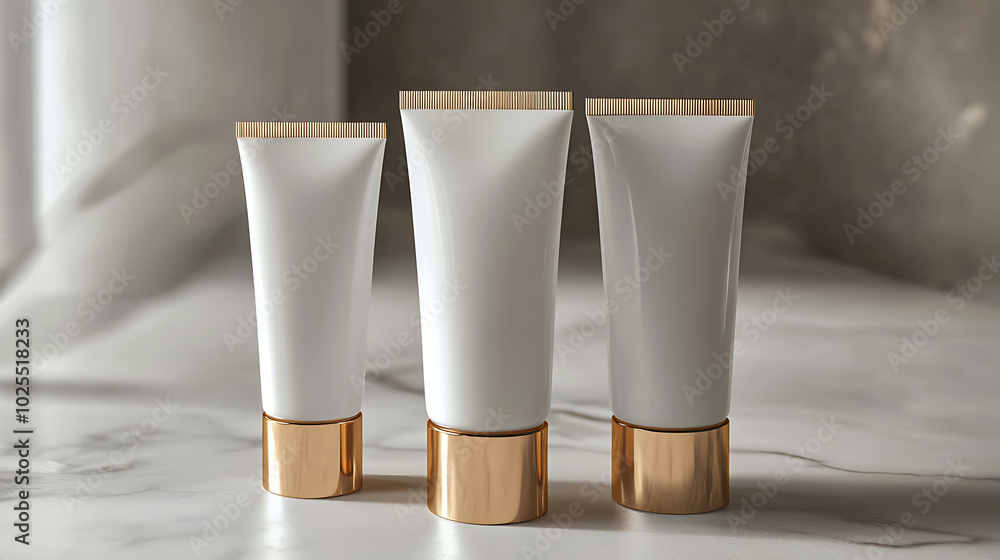 Three white tubes with gold caps stand in a row on a white marble surface. The tubes are blank and can be used for branding or product photography. Three white tubes with gold caps stand in a row on a white marble surface. The tubes are blank and can be used for branding or product photography.