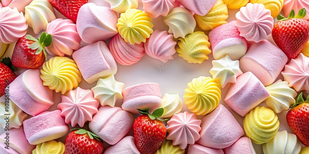 Delicate abstract background with pink and yellow marshmallows and strawberries