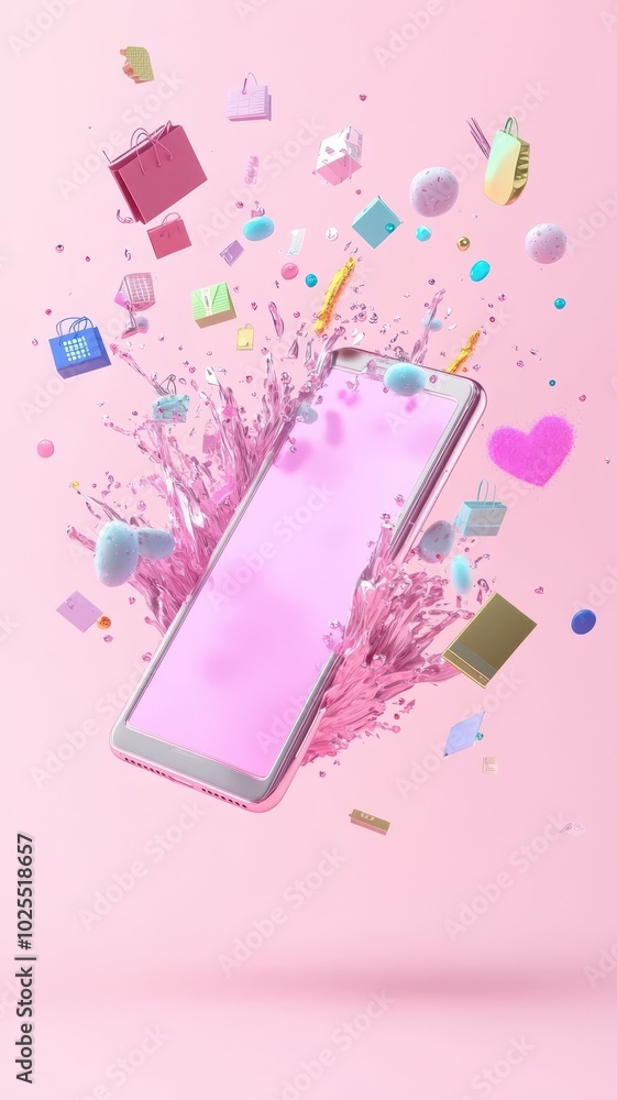 Abstract 3D model of a smartphone with exploding icons of shopping, discounts and digital payment solutions, pastel theme Abstract 3D model of a smartphone with exploding icons of shopping, discounts and digital payment solutions, pastel theme