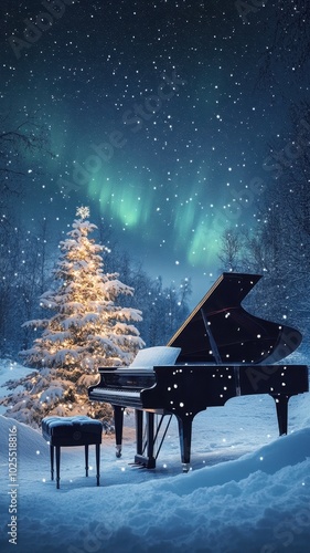 The Grand Black piano with christmas tree and snow in winter background,star and Northern Lights,player keyboard musician artist concert concept,copy space.