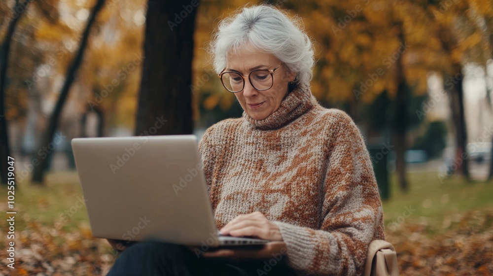 Mature woman works outdoors in park. Mature woman works outdoors in park.
