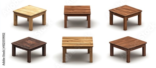 Six wooden tables in various shades of brown, shown from different angles on a white background.