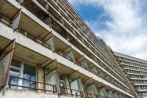 Old Big Abandoned Sanatorium Building In Blue Sky Background