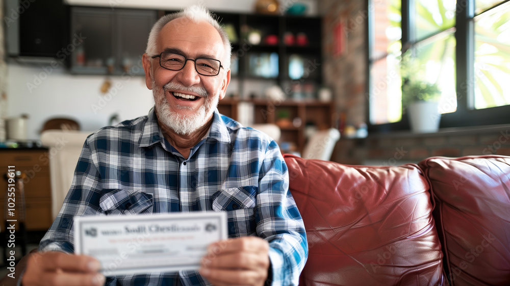 Senior citizen holding check symbolizing social security benefits, smiling with relief in cozy home setting, representing financial security and peace of mind. Senior citizen holding check symbolizing social security benefits, smiling with relief in cozy home setting, representing financial security and peace of mind.