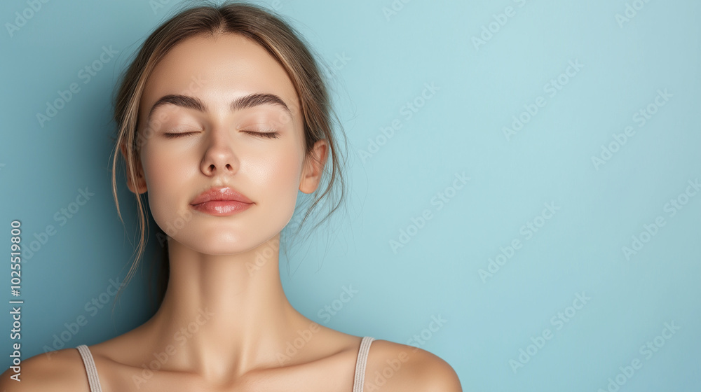 A young woman engages in mindfulness meditation, eyes closed, aiming to enhance her psychological well-being in a tranquil blue setting, copy space A young woman engages in mindfulness meditation, eyes closed, aiming to enhance her psychological well-being in a tranquil blue setting, copy space