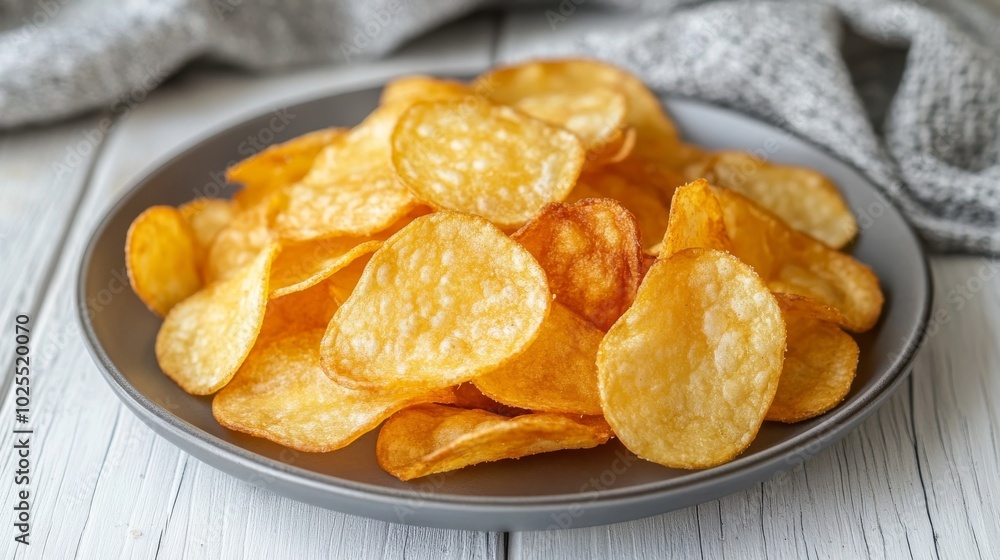 Crunchy potato chips on a white surface. Crunchy potato chips on a white surface.